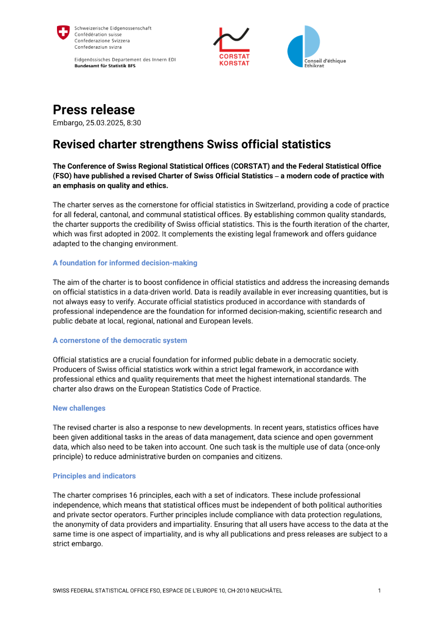 Revised charter strengthens Swiss official statistics