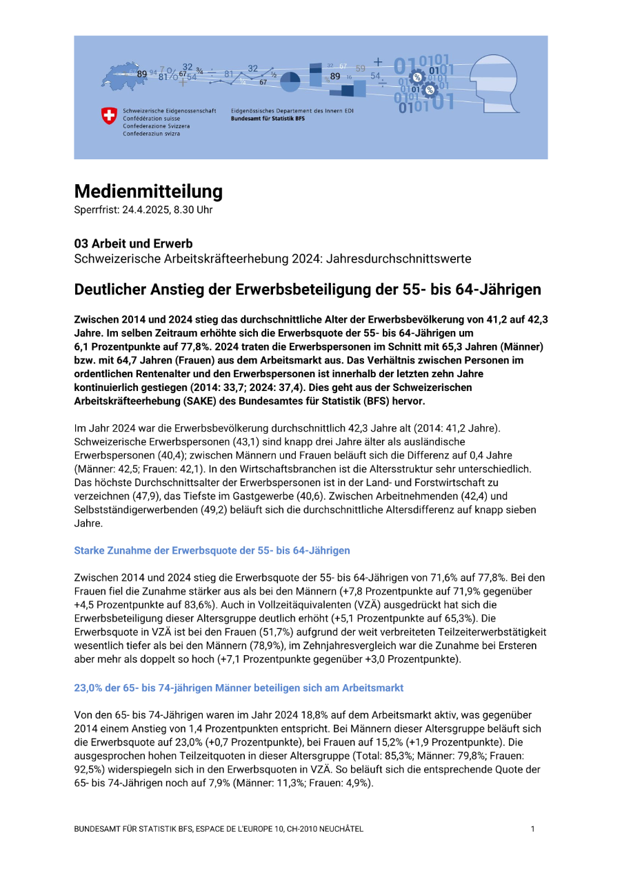 Deutlicher Anstieg der Erwerbsbeteiligung der 55- bis 64-Jährigen