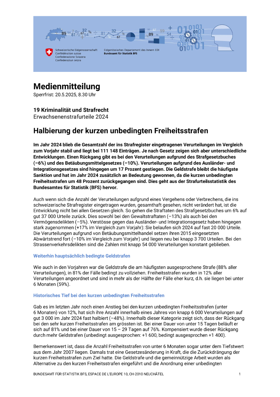 Halbierung der kurzen unbedingten Freiheitsstrafen
