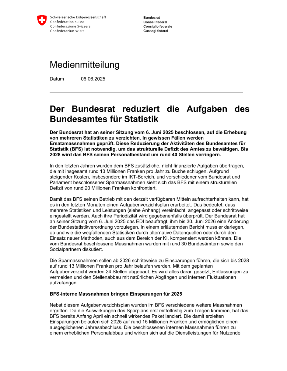 Der Bundesrat reduziert die Aufgaben des Bundesamtes für Statistik