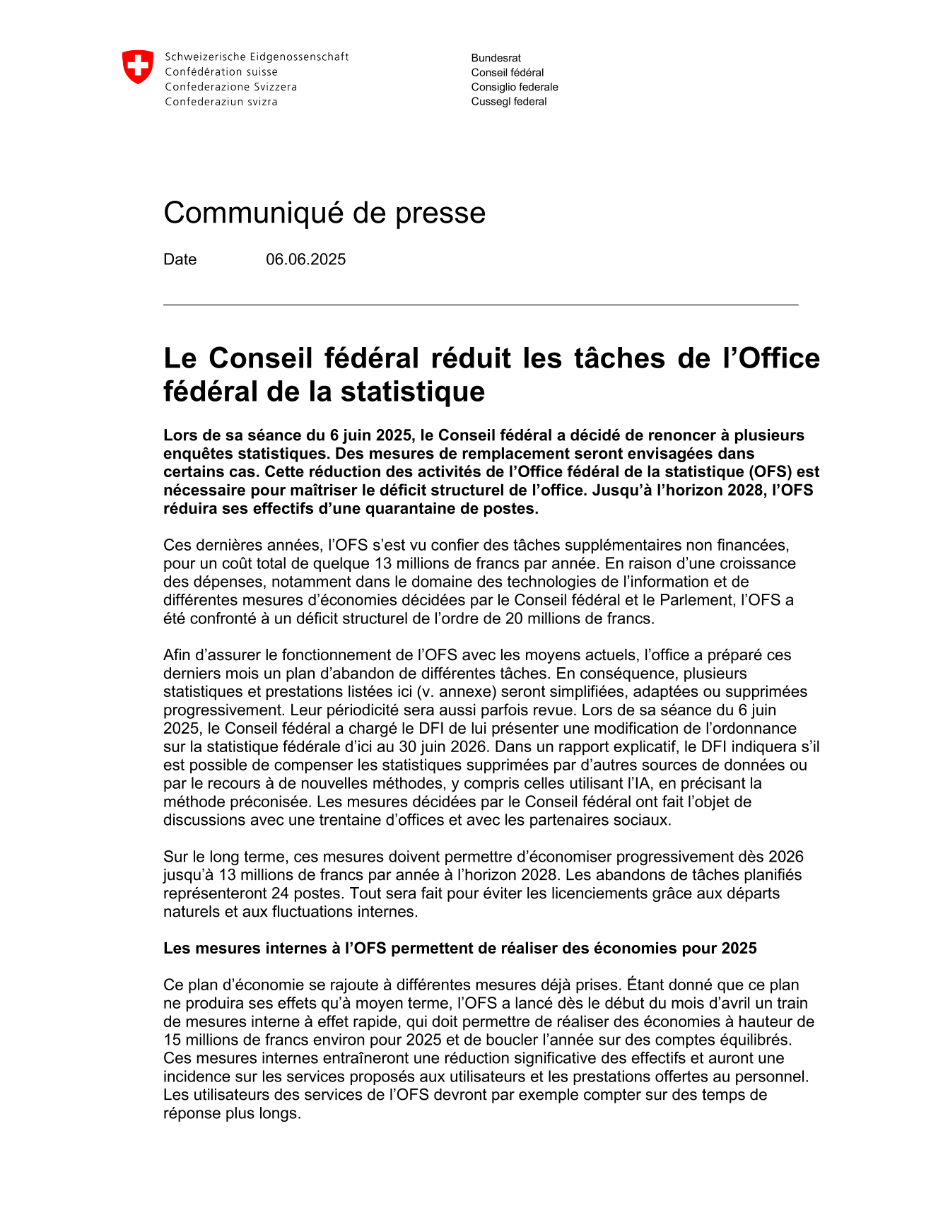 Le Conseil fédéral réduit les tâches de l'Office fédéral de la statistique