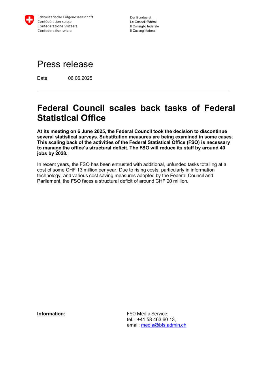 Federal Council scales back tasks of Federal Statistical Office