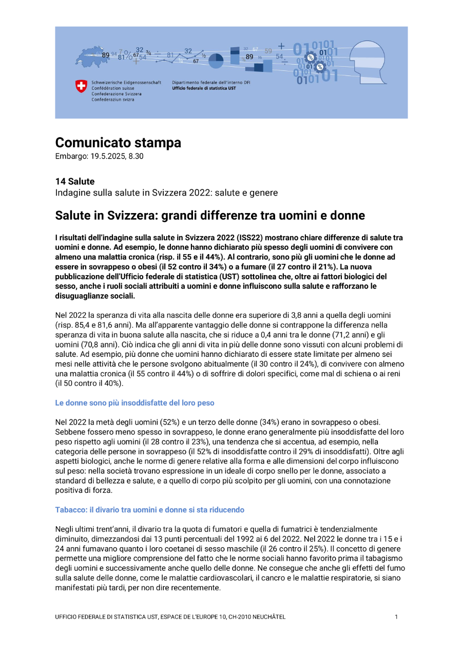 Salute in Svizzera: grandi differenze tra uomini e donne