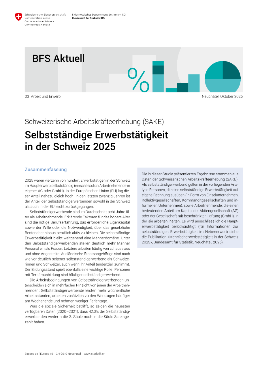 Selbstständige Erwerbstätigkeit in der Schweiz 2025