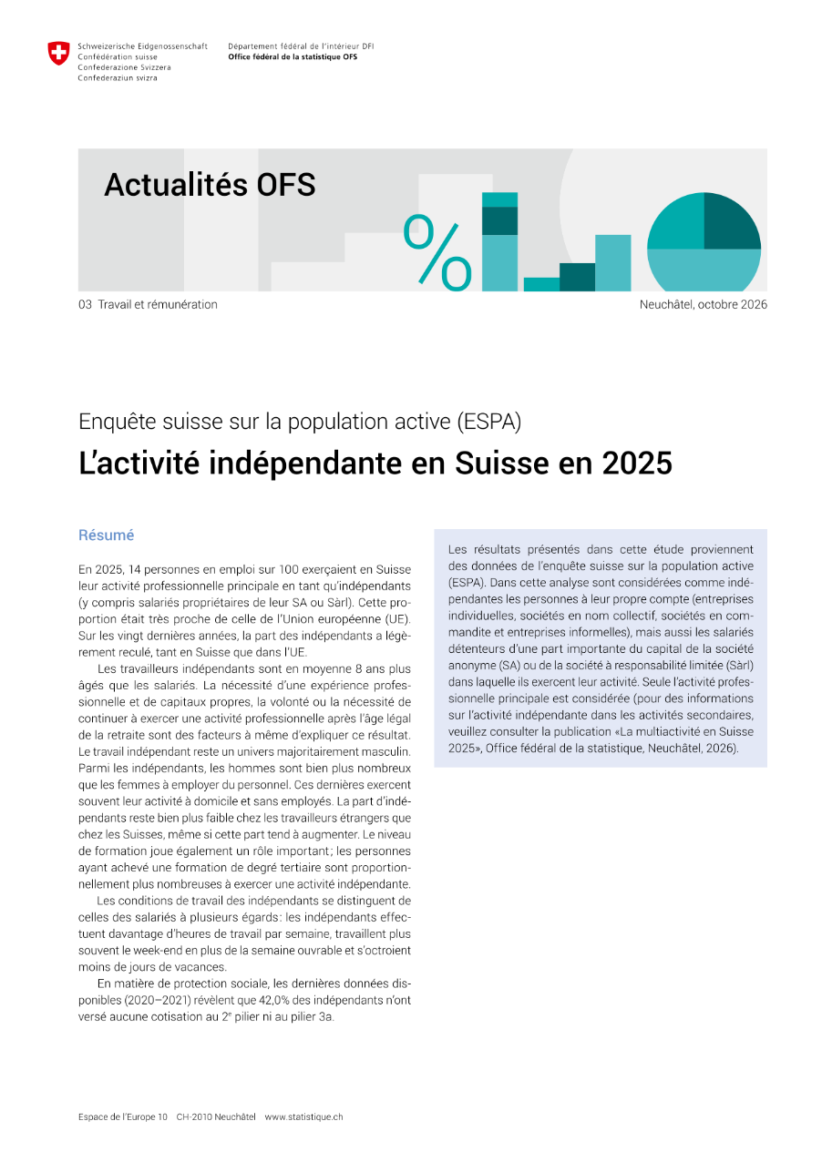 L'activité indépendante en Suisse en 2025