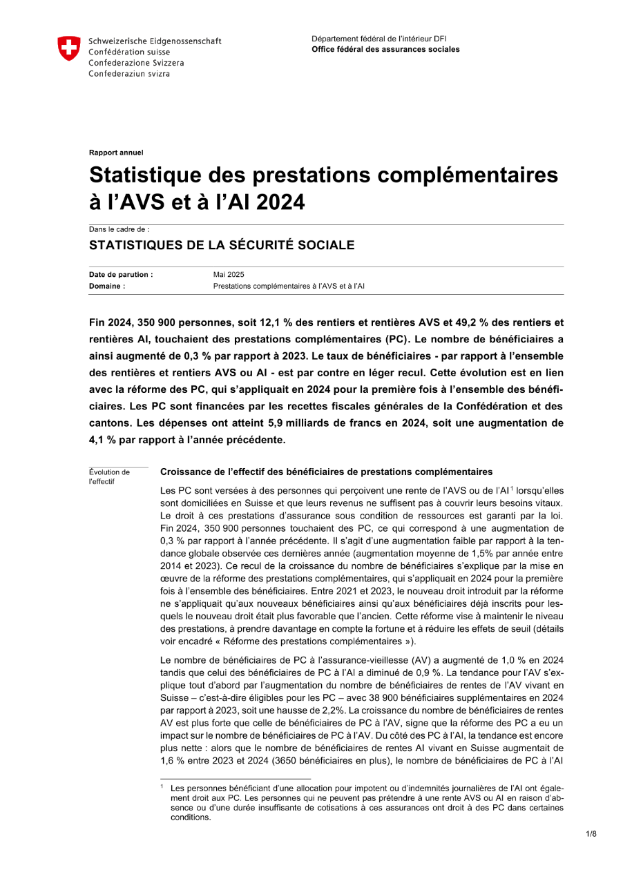 Statistique des prestations complémentaires à l'AVS et à l'AI, 2024