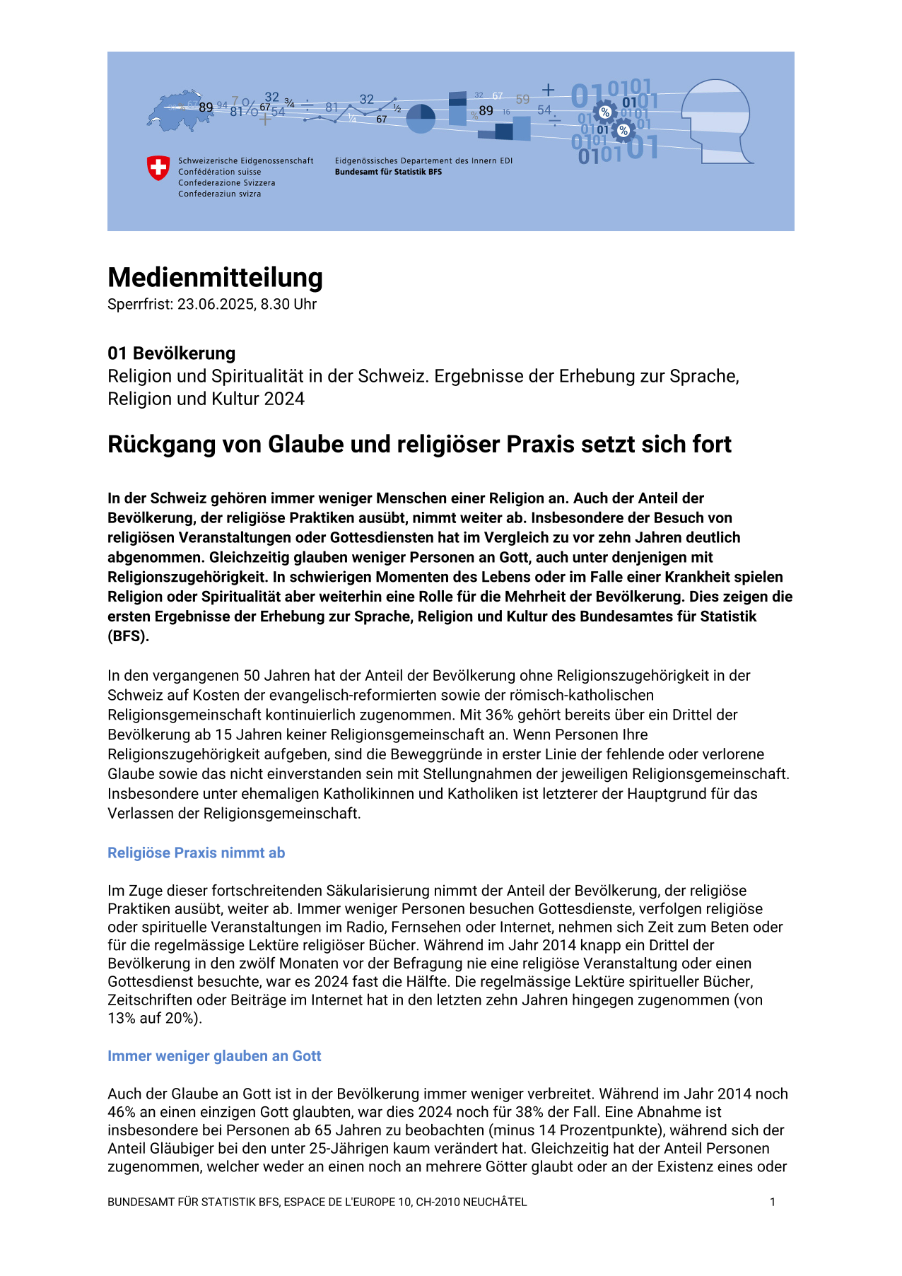 Rückgang von Glaube und religiöser Praxis setzt sich fort
