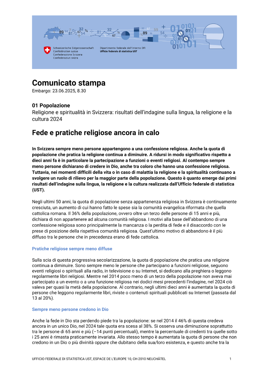 Fede e pratiche religiose ancora in calo