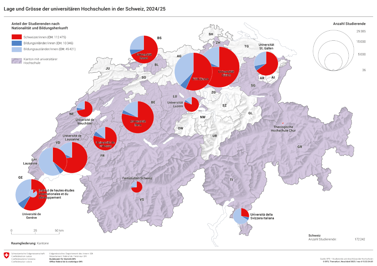 Lage und Grösse der universitären Hochschulen in der Schweiz