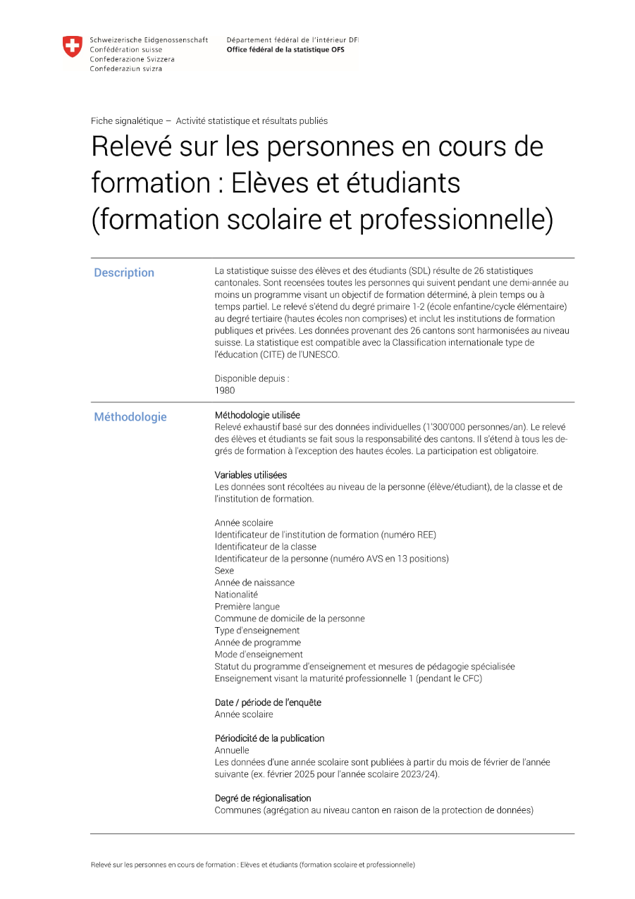 Relevé sur les personnes en cours de formation : Elèves et étudiants (formation scolaire et professionnelle)