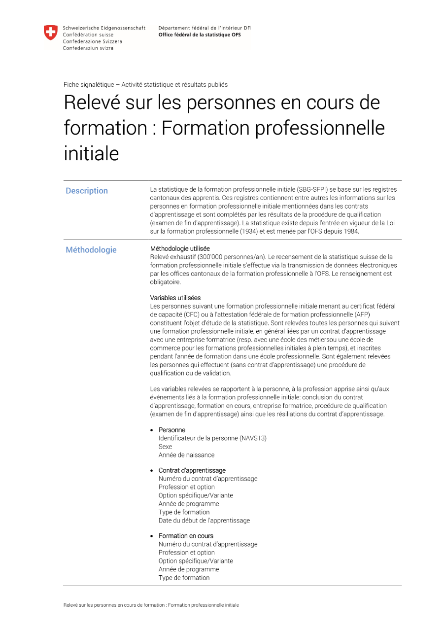 Relevé sur les personnes en cours de formation : Formation professionnelle initiale