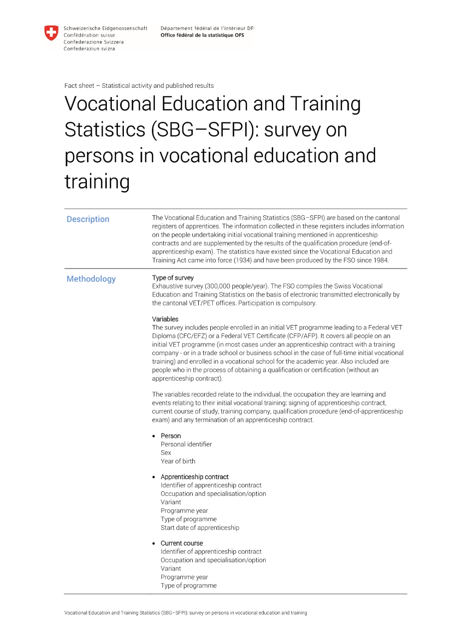 Vocational Education and Training Statistics: survey on persons in vocational education and training