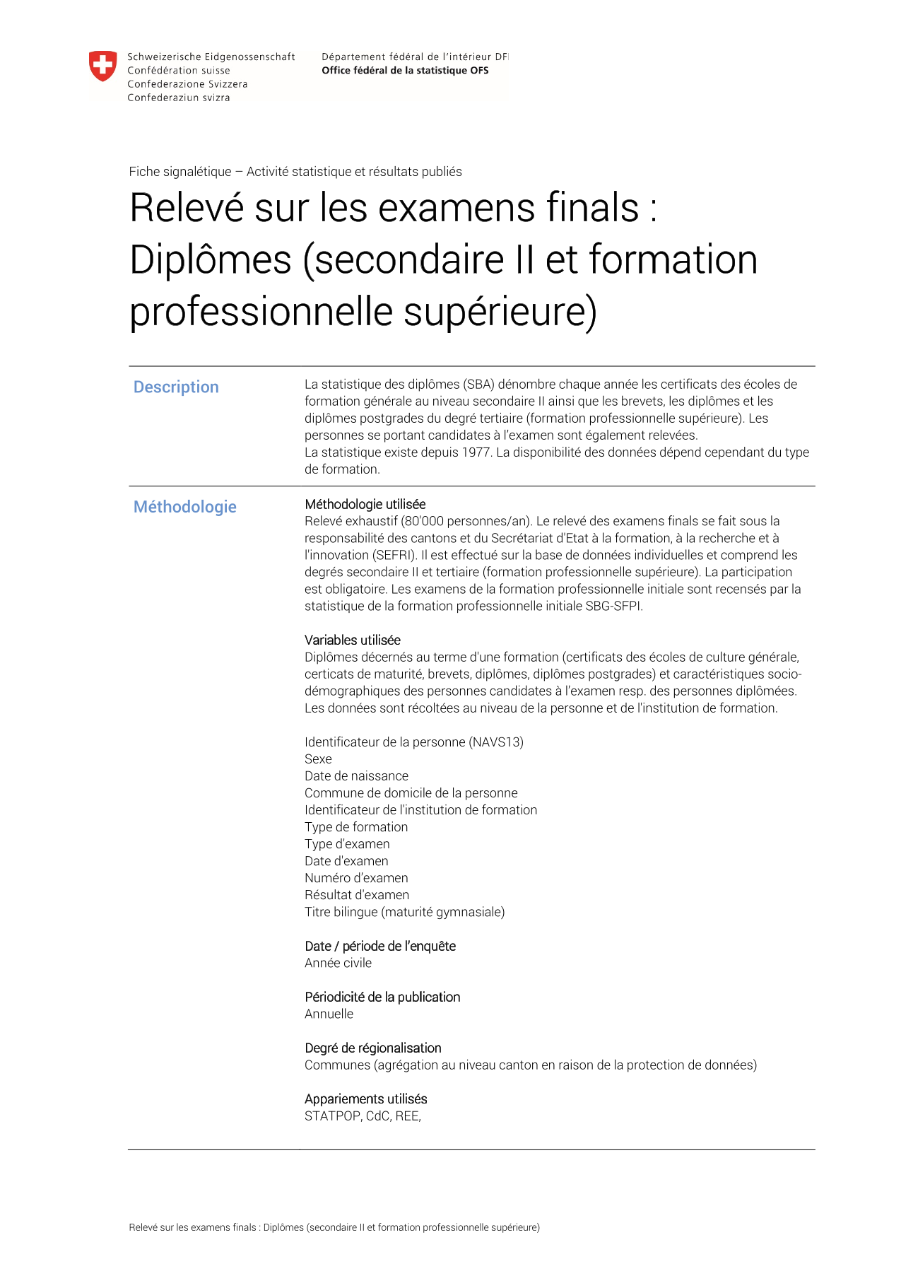 Relevé sur les examens finals : Diplômes (secondaire II et formation professionnelle supérieure)