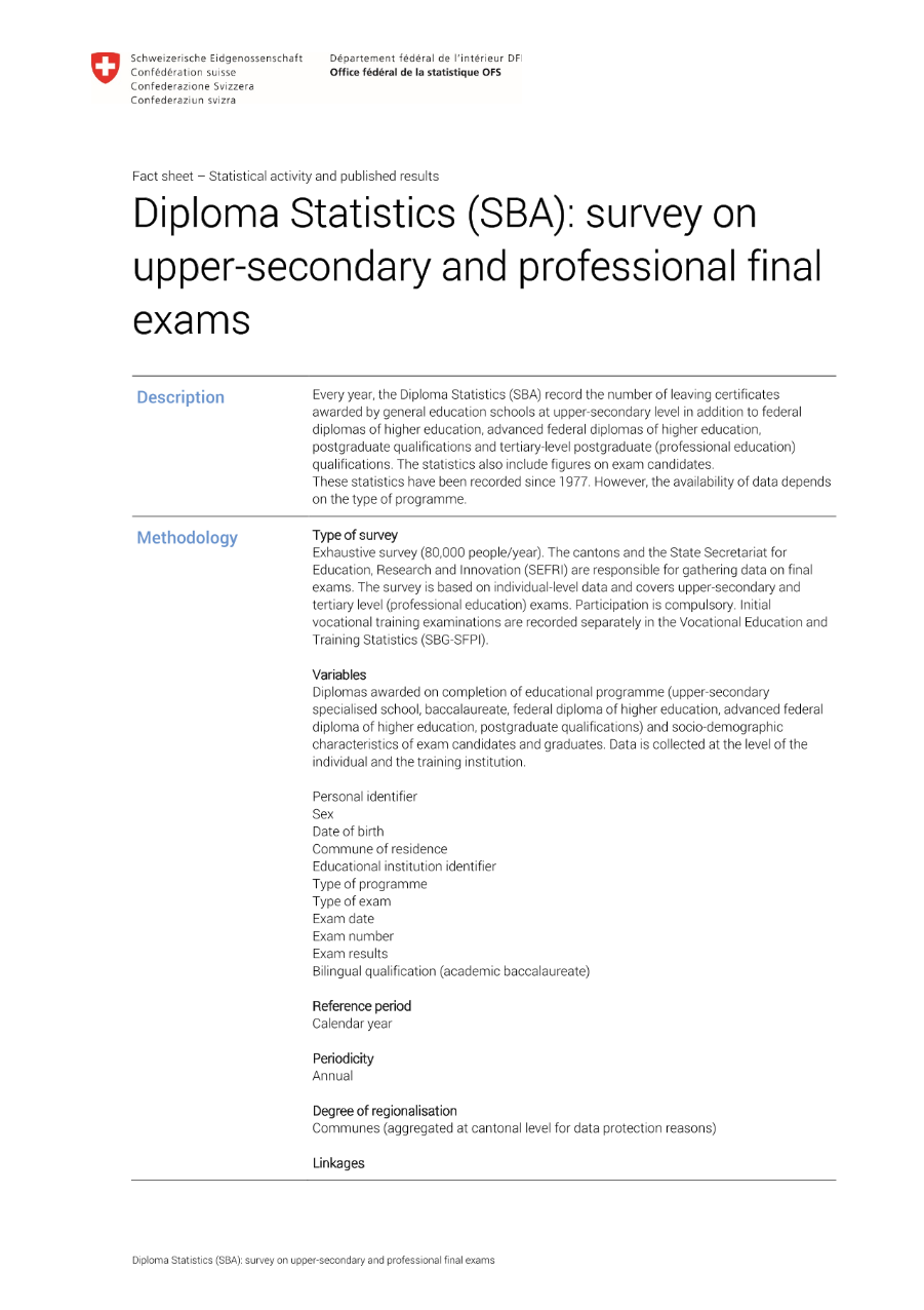 Diploma Statistics: survey on upper-secondary and professional final exams