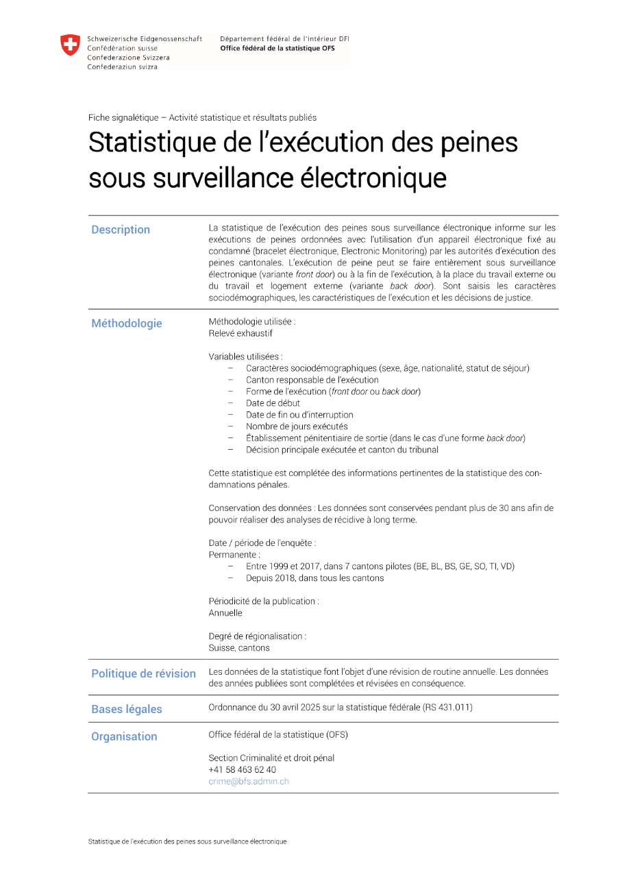 Statistique de l'exécution des peines sous surveillance électronique