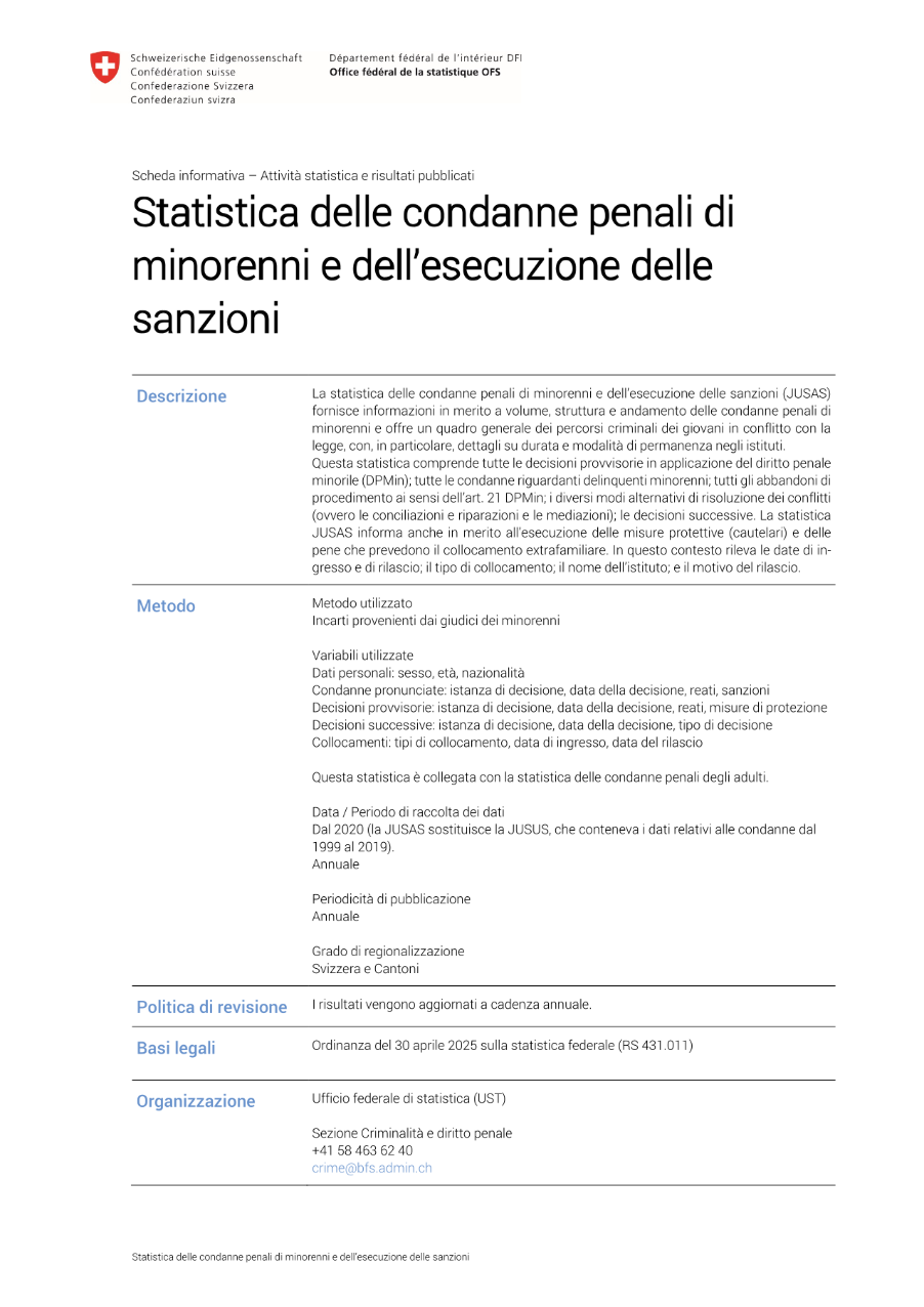 Statistica delle condanne penali di minorenni e dell'esecuzione delle sanzioni