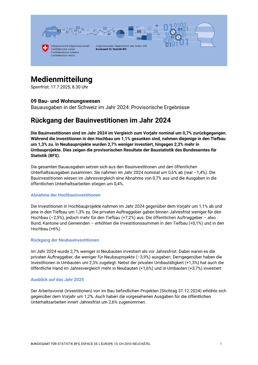 Rückgang der Bauinvestitionen im Jahr 2024