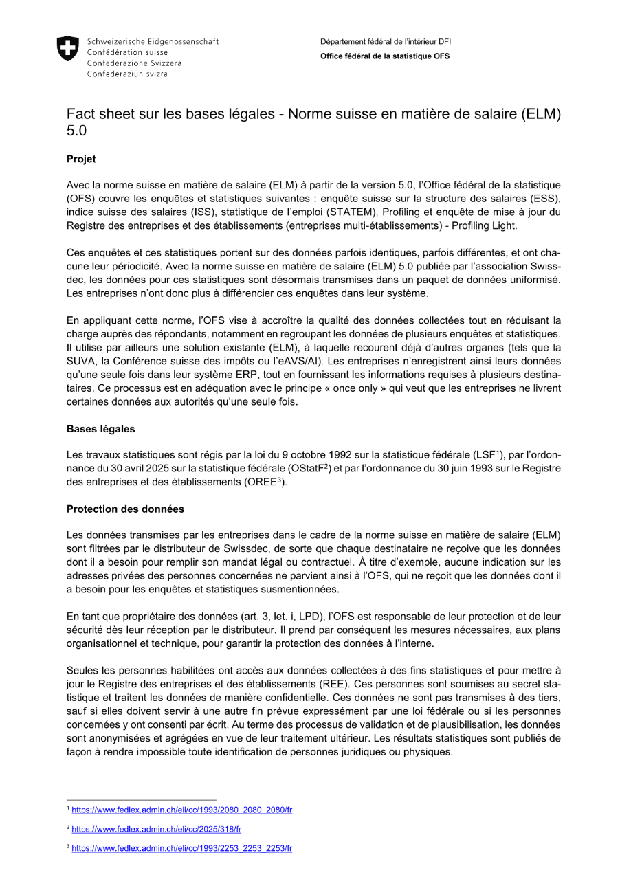 Fact sheet sur les bases légales - Norme suisse en matière de salaire (ELM) V5.0