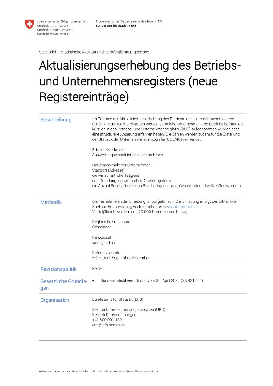 Aktualisierungserhebung des Betriebsund Unternehmensregisters (neue Registereinträge)