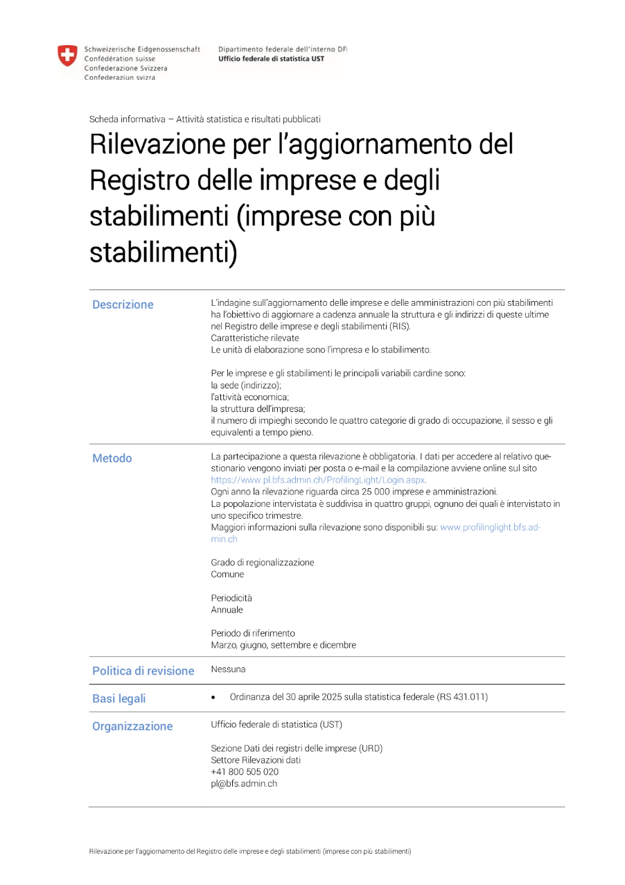 Rilevazione per l’aggiornamento del Registro delle imprese e degli stabilimenti (imprese a più stabilimenti)