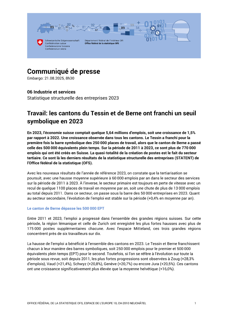 Travail: les cantons du Tessin et de Berne ont franchi un seuil symbolique en 2023