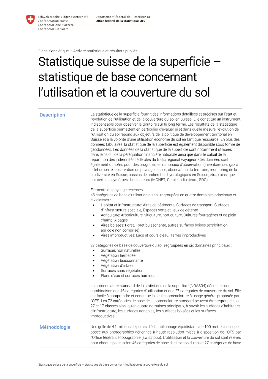 Statistique suisse de la superficie - statistique de base concernant l'utilisation et la couverture du sol