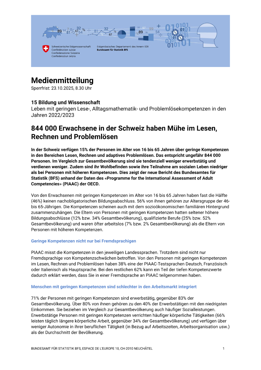 844 000 Erwachsene in der Schweiz haben Mühe im Lesen, Rechnen und Problemlösen