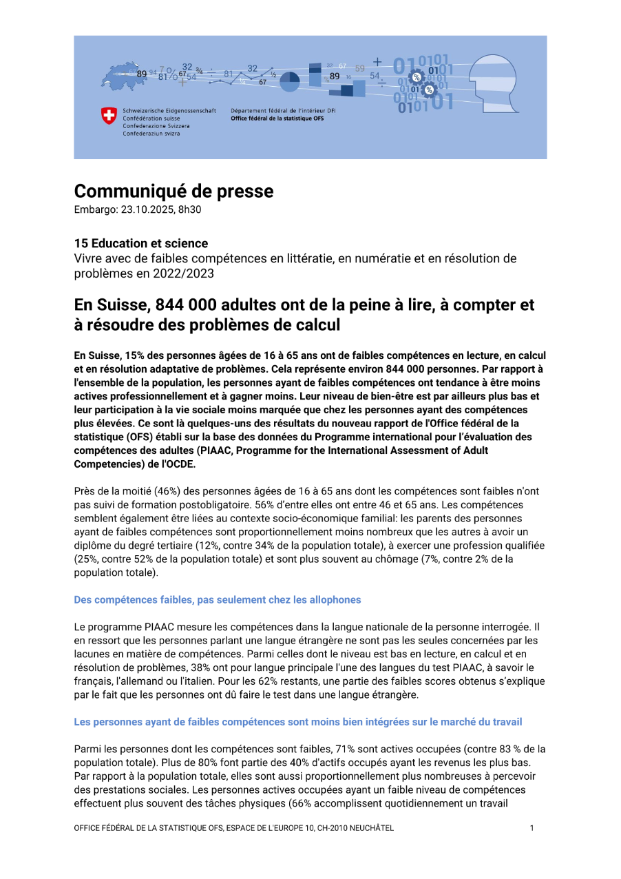 En Suisse, 844 000 adultes ont de la peine à lire, à compter et à résoudre des problèmes de calcul