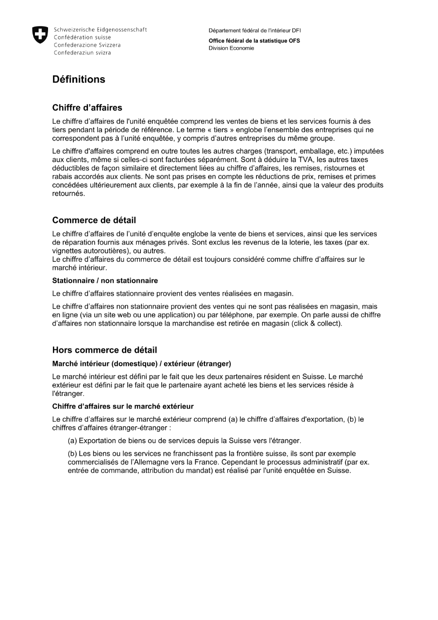Définitions pour l'enquête conjoncturelle des chiffres d'affaires (A3)