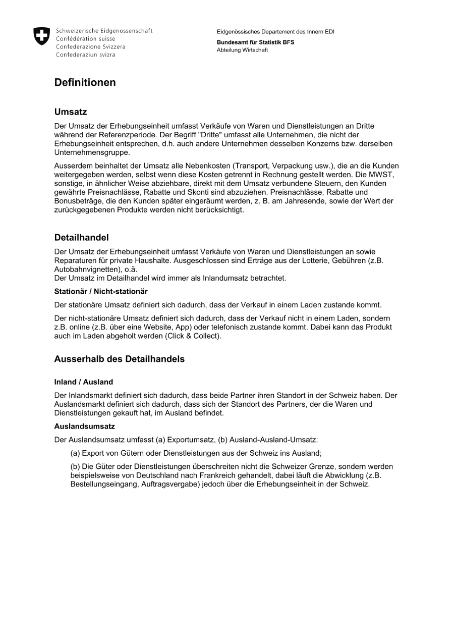 Definitionen zur Konjunkturerhebung Umsatz (A3)