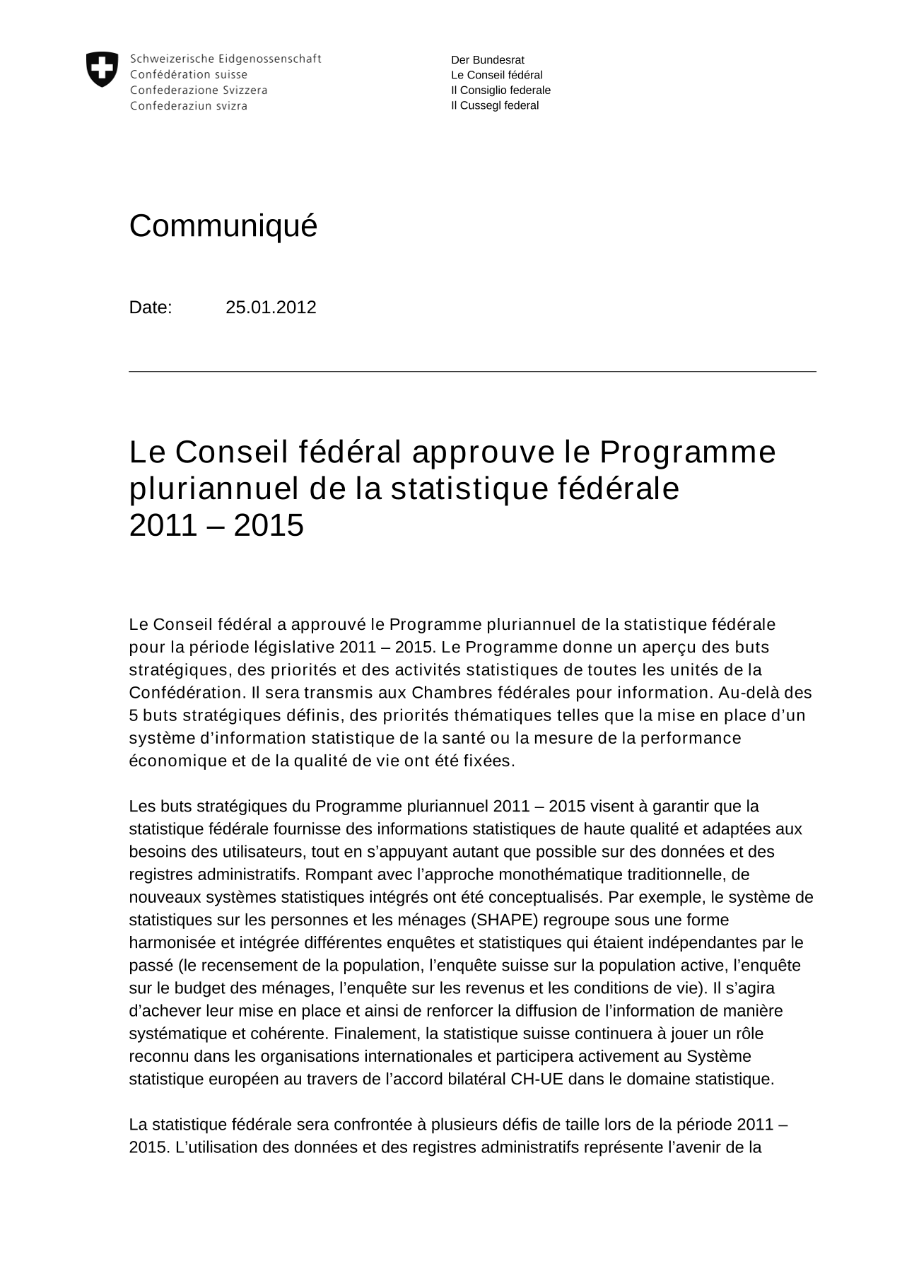 Le Conseil fédéral approuve le Programme pluriannuel de la statistique fédérale 2011 - 2015