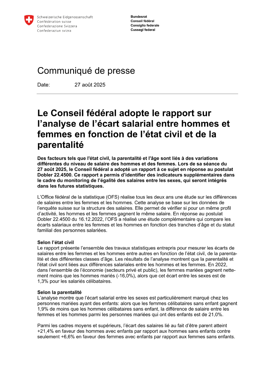 Le Conseil fédéral adopte le rapport sur l'analyse de l'écart salarial entre hommes et femmes en fonction de l'état civil et de la parentalité