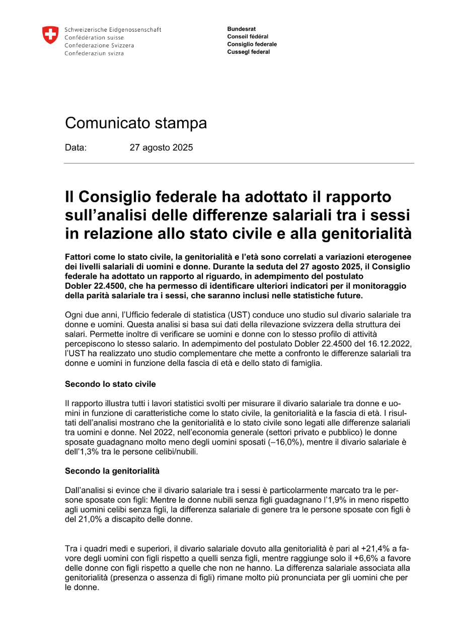 Il Consiglio federale ha adottato il rapporto sull'analisi delle differenze salariali tra i sessi in relazione allo stato civile e alla genitorialità