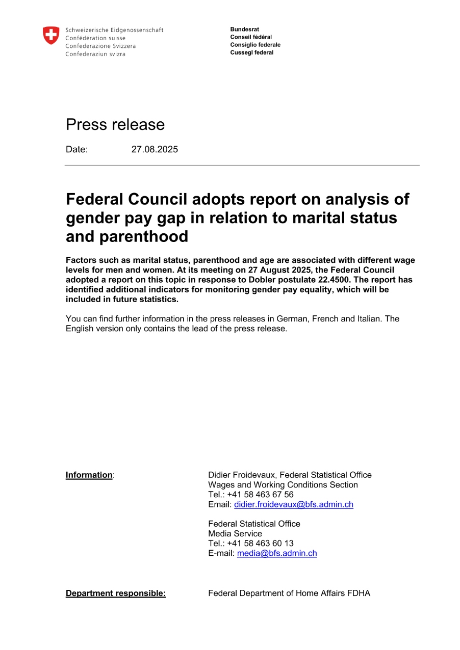 Federal Council adopts report on analysis of gender pay gap in relation to marital status and parenthood