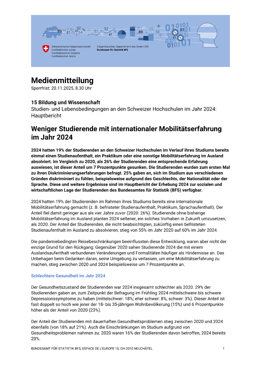 Weniger Studierende mit internationaler Mobilitätserfahrung im Jahr 2024