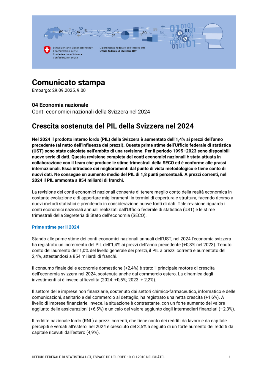 Crescita sostenuta del PIL della Svizzera nel 2024