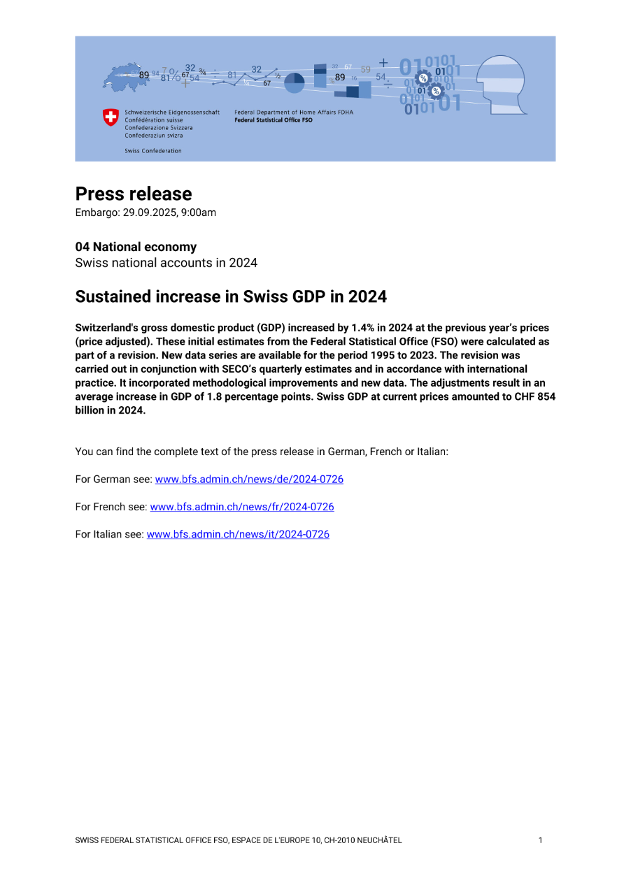 Sustained increase in Swiss GDP in 2024