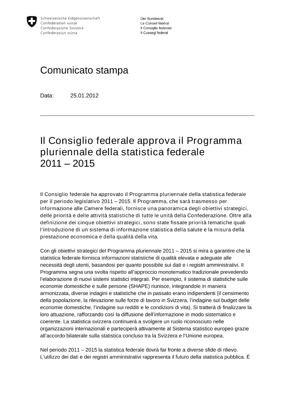 Il Consiglio federale approva il Programma pluriennale della statistica federale 2011 - 2015