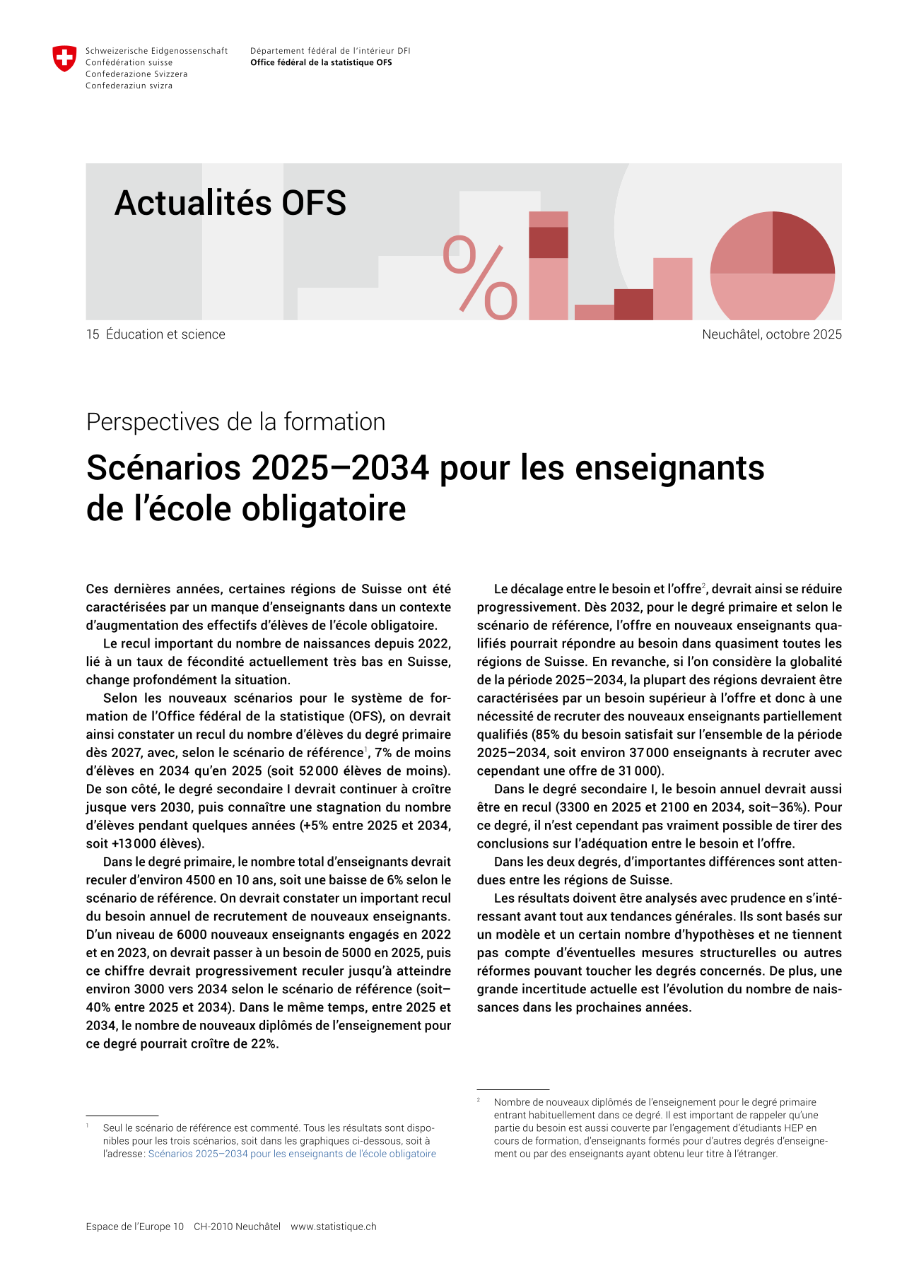 Scénarios 2025-2034 pour les enseignants de l'école obligatoire