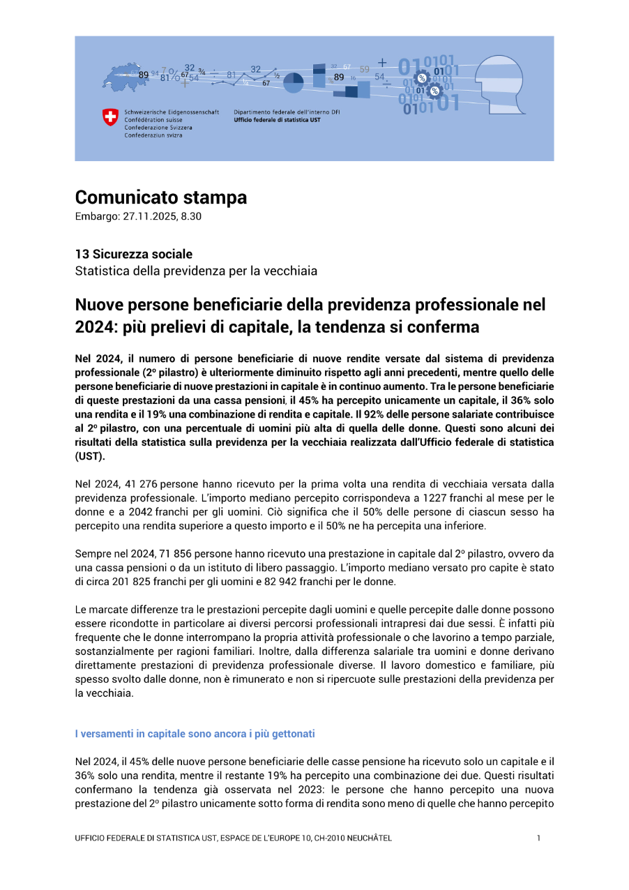 Nuove persone beneficiarie della previdenza professionale nel 2024: più prelievi di capitale, la tendenza si conferma