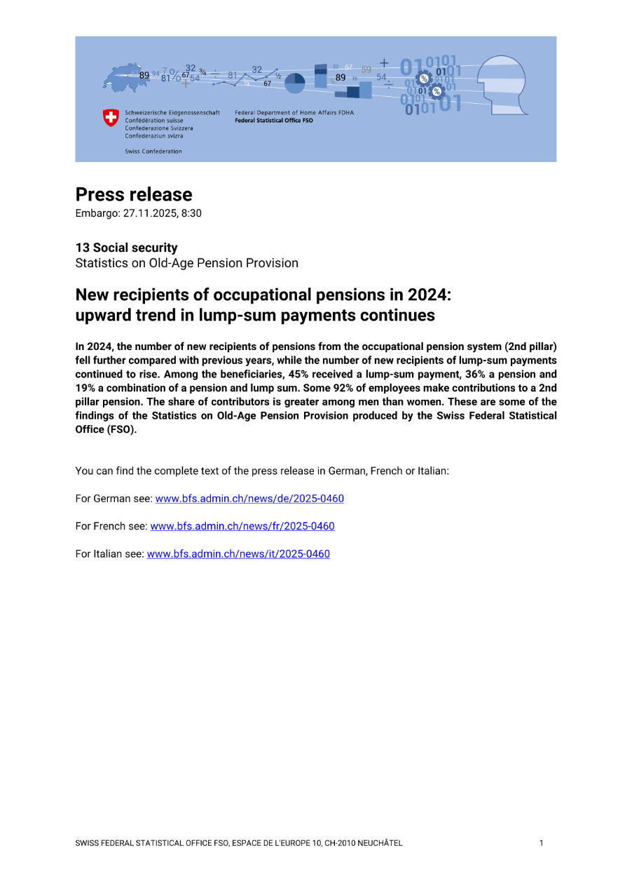 New recipients of occupational pensions in 2024:  upward trend in lump-sum payments continues
