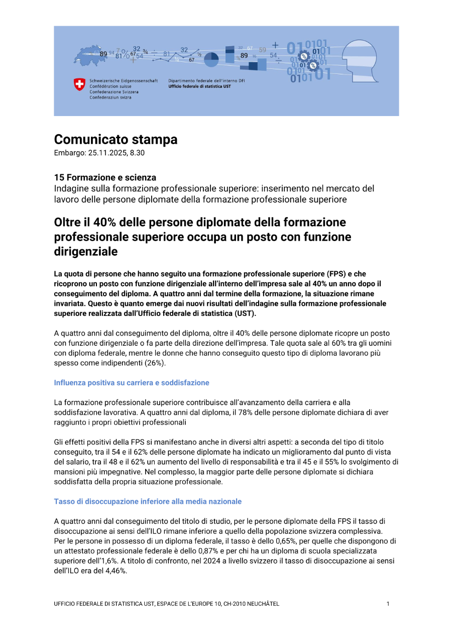 Oltre il 40% delle persone diplomate della formazione professionale superiore occupa un posto con funzione dirigenziale