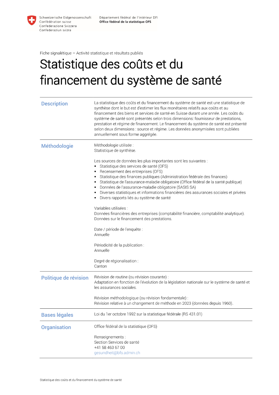 Statistique des coûts et du financement du système de santé