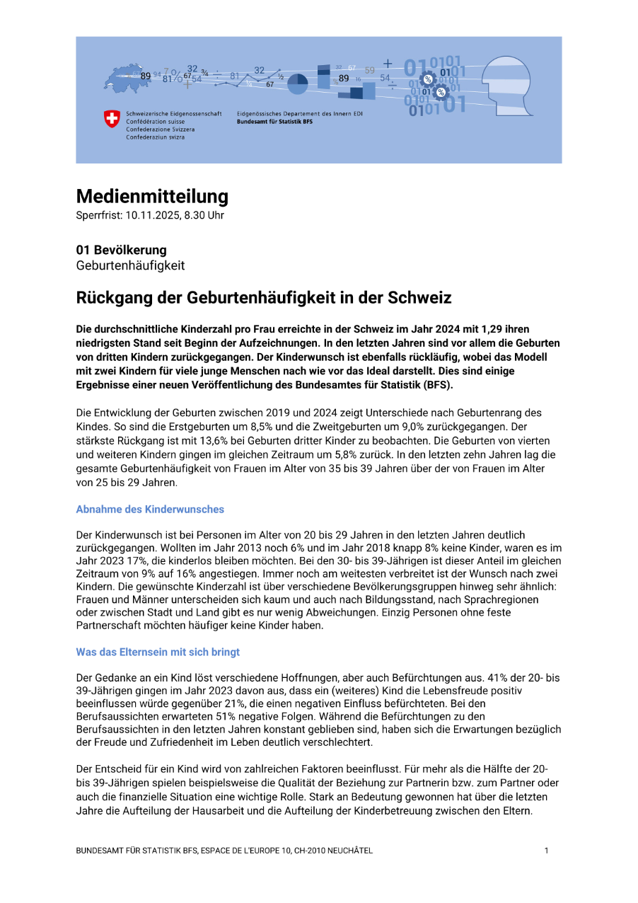 Rückgang der Geburtenhäufigkeit in der Schweiz