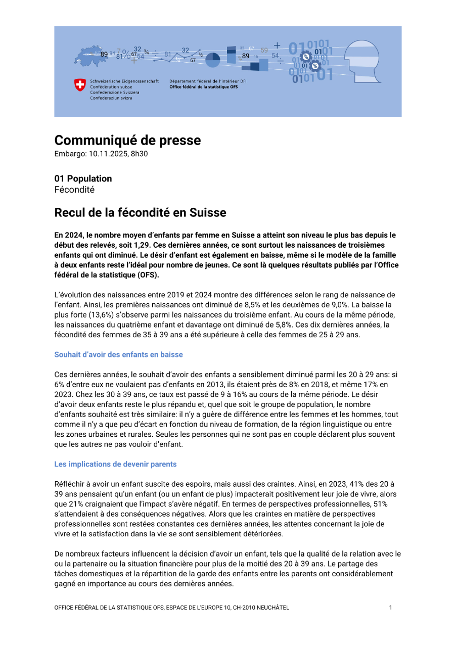 Recul de la fécondité en Suisse