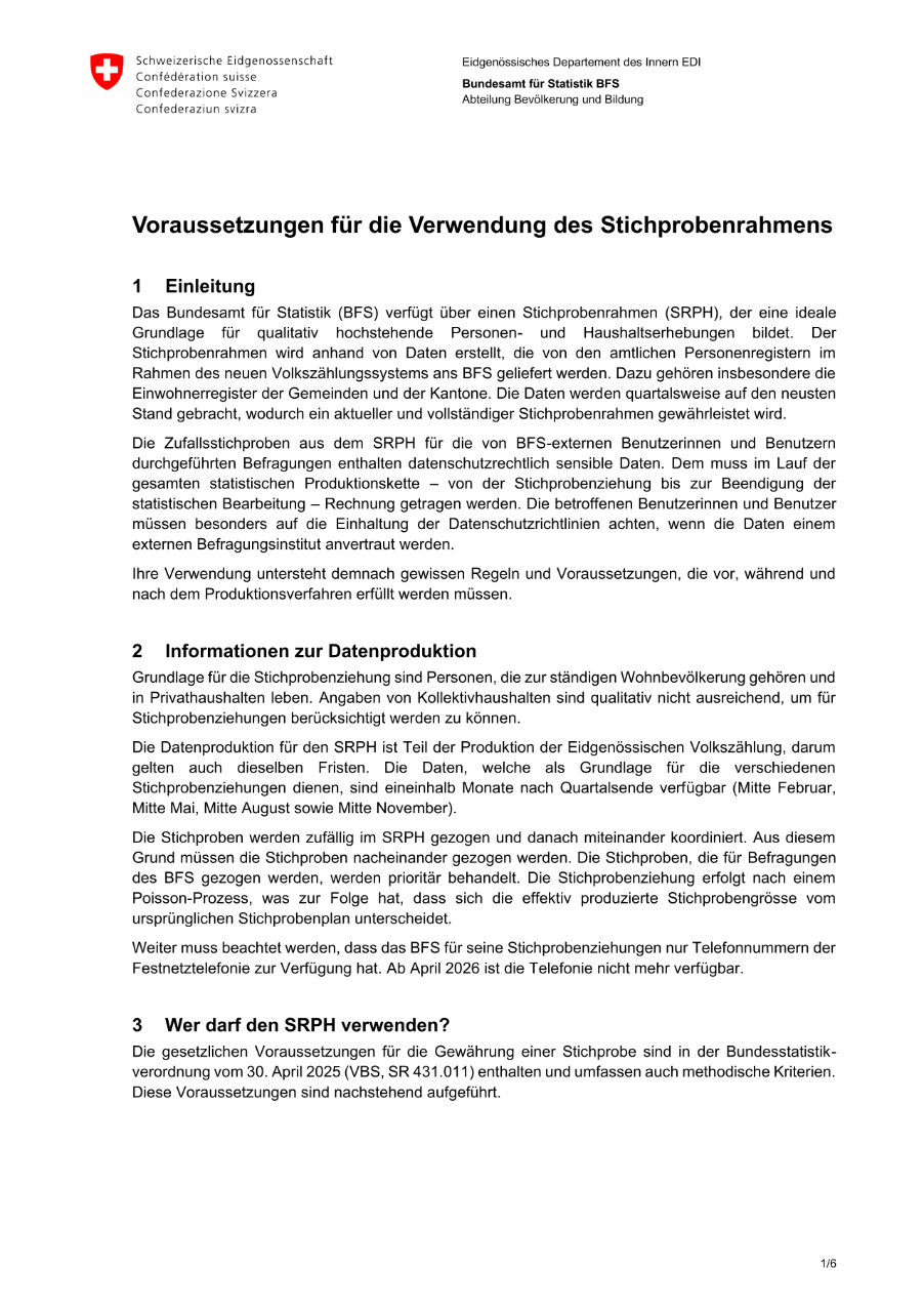 Voraussetzungen des BFS für die Stichprobenziehung