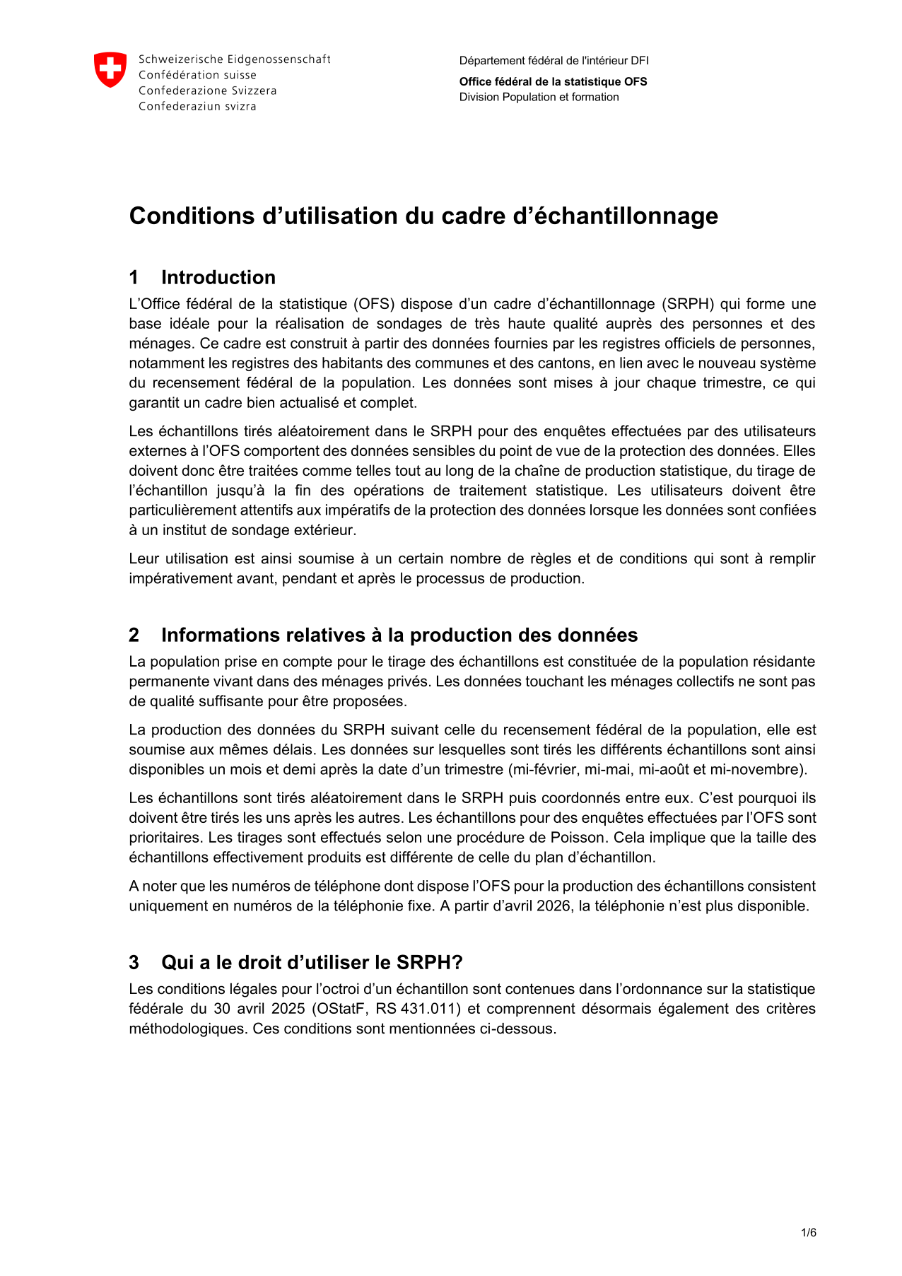 Conditions de l'OFS pour le tirage d'un échantillon