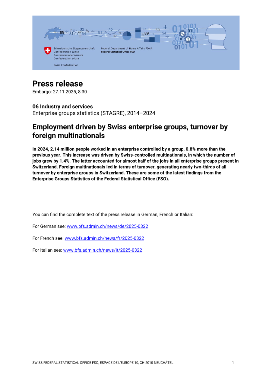 Employment driven by Swiss enterprise groups, turnover by foreign multinationals