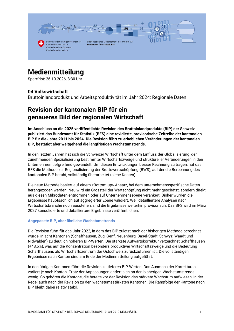Revision der kantonalen BIP für ein genaueres Bild der regionalen Wirtschaft