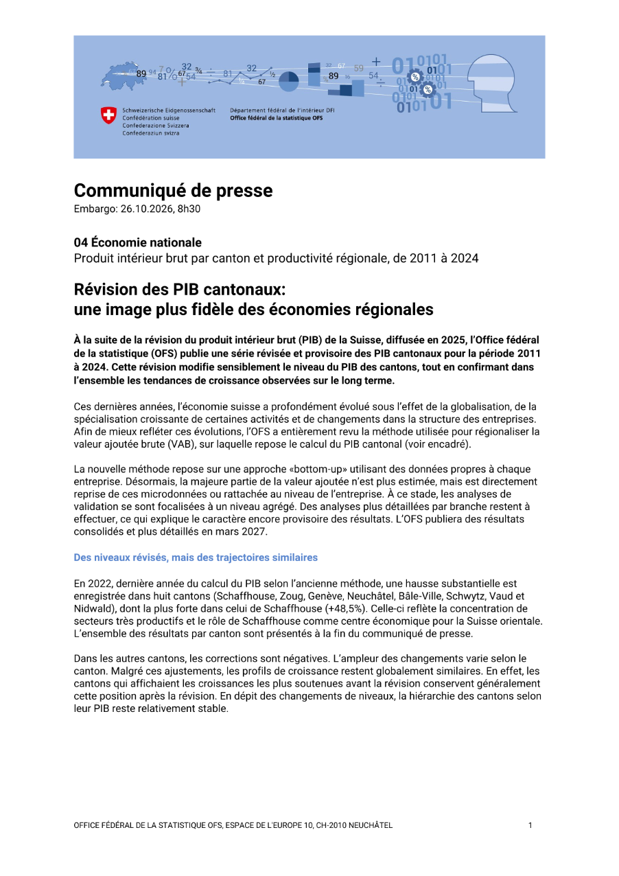 Révision des PIB cantonaux: une image plus fidèle des économies régionales